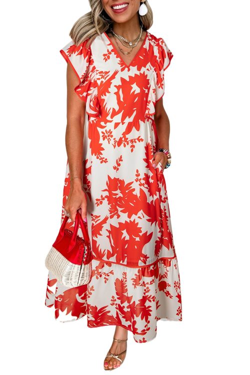 Elegant Red Floral Print Trimmed V Neck Ruffle Sleeve Long Dress for Women