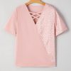 Women's Apricot Pink Leopard Jacquard Patchwork Crisscross V Neck Short Sleeve Blouse - Image 16