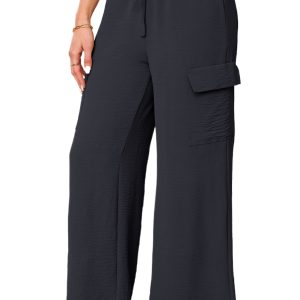 Women's Black Drawstring Frilled Waist Wide Leg Utility Trousers with Cargo Pockets