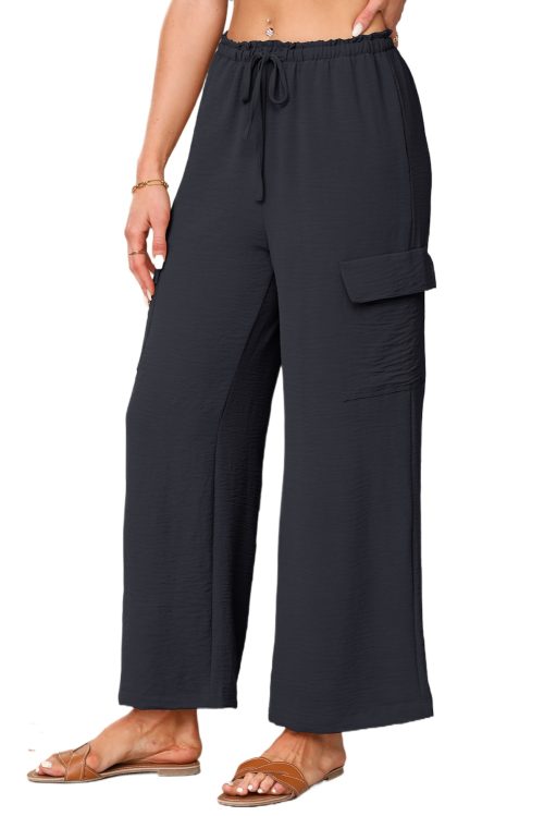 Women's Black Drawstring Frilled Waist Wide Leg Utility Trousers with Cargo Pockets