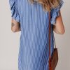 Women's Sky Blue Stripe Frilly Split Neck Shirred Ruffle Sleeve Mini Dress - Image 2
