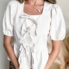 Elegant Women's White Bow Knot Decor Square Neck Puff Sleeve Peplum Top - Image 10