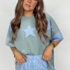 Women's Smoke Green Oversized T-Shirt with Frayed Denim Star Patch - Image 3