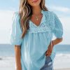 Women's Mist Blue Embroidered Lace Patchwork Tie Neck Puff Short Sleeve Blouse - Image 6