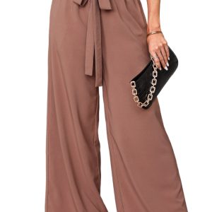 Women's Coffee High Waisted Tie Front Wide Leg Casual Pants with Side Pockets
