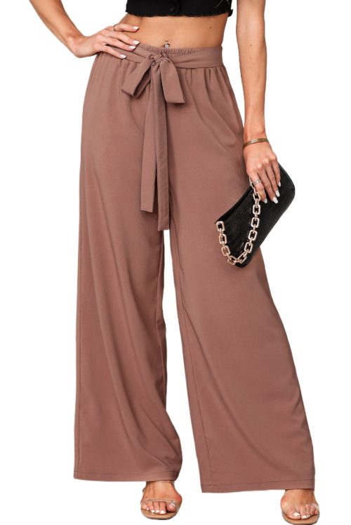 Women's Coffee High Waisted Tie Front Wide Leg Casual Pants with Side Pockets