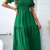 Women's Dark Green Textured Smocked Puff Short Sleeve High Waist Long Dress - Image 5
