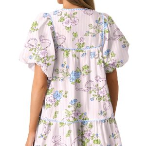Women's Pink Floral Striped Print Mini Dress with Contrast Trim and Tie Split Neck