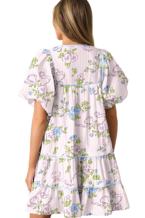 Women's Pink Floral Striped Print Mini Dress with Contrast Trim and Tie Split Neck