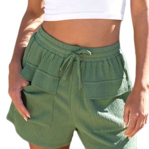 Women's Green Flap Pocket Casual Drawstring Shorts for Summer