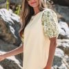 Women's Beige Contrast Floral Bubble Sleeve Patchwork Ribbed Top - Chic & Elegant - Image 3