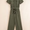 Women's Moss Green Half Button Belted Utility Short Sleeve Jumpsuit - Image 7