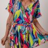 Women's Multicolour Tropical Printed Surplice Neck Tie Waist Romper for Summer Vacation - Image 2