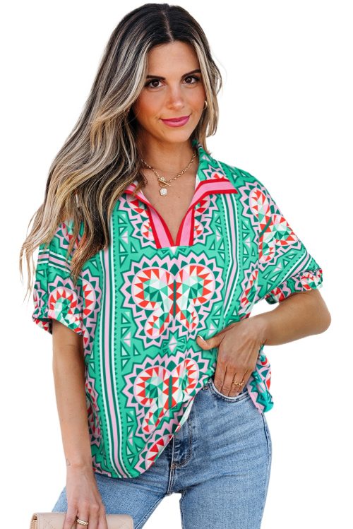 Women's Sea Green Boho Abstract Print Contrast Striped V Neck Blouse