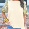 Women's Beige Contrast Floral Bubble Sleeve Patchwork Ribbed Top - Chic & Elegant - Image 11
