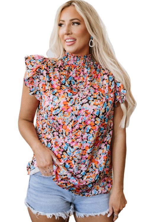 Women's Orange Floral Print Flutter Sleeve Blouse - Elegant & Casual Top