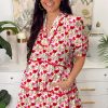 Elegant Red Floral Puff Sleeve Mini Dress with Pocket and Ric Rac Detail - Image 3