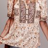 Women's Khaki Boho Floral Print Loose Blouse with Half Placket and Short Sleeves - Image 2