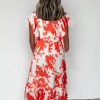Elegant Red Floral Print Trimmed V Neck Ruffle Sleeve Long Dress for Women - Image 2