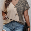 Chic Oatmeal Contrast Geometric Print Patchwork V Neck Short Sleeve Plus Size Top - Image 6