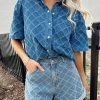 Women's Dusk Blue Checkered Textured Short Sleeve Denim Shirt with Patched Pocket - Image 3