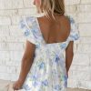 Women's Sky Blue Floral Smocked High Waist Double Ruffle Sleeveless Long Dress - Image 2