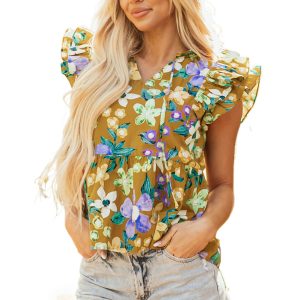 Women's Yellow Floral Print V Neck Top with Tiered Flutter Sleeves