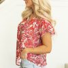 Women's Red Vintage Floral Ruffle Sleeve V Neck Blouse - Lightweight Chiffon Summer Top - Image 3