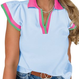Women's Beau Blue Color Contrast Ruffled Sleeve V Neck Blouse - Elegant Summer Top