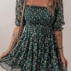 Women's Green Smocked Square Neck Puff Short Sleeve Floral Mini Dress - Image 2