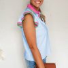 Women's Beau Blue Color Contrast Ruffled Sleeve V Neck Blouse - Elegant Summer Top - Image 3