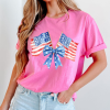 Women's Sachet Pink Dual American Flag Bow Printed Casual T-Shirt - Image 5