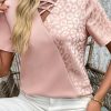 Women's Apricot Pink Leopard Jacquard Patchwork Crisscross V Neck Short Sleeve Blouse - Image 12