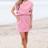 Women's Pink Contrast Trim Textured Crewneck Tee and Pocketed Skirt Set - Image 6