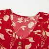 Women's Red Floral Print Midi Dress - Buttoned Front V Neck with Tiered Short Sleeves - Image 12