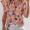 Charming Women's Orange Summer Flower Print Blouse with Ruffle Sleeves - Image 6
