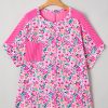 Plus Size Women's Pink Floral Print Corded Patchwork Loose Top - Image 2