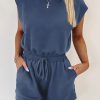 Women's Ashleigh Blue Knit Open Back Cap Sleeve Drawstring Romper for Casual Summer Style - Image 3