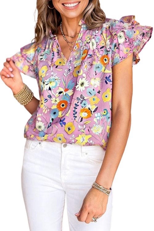 Women's Pink Floral V Neck Top with Flutter Sleeves - Elegant Spring/Summer Style