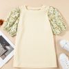 Women's Beige Contrast Floral Bubble Sleeve Patchwork Ribbed Top - Chic & Elegant - Image 13