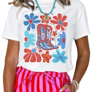 Women's White Floral Cowgirl Boots Graphic Tee - Celebrate Independence Day in Style