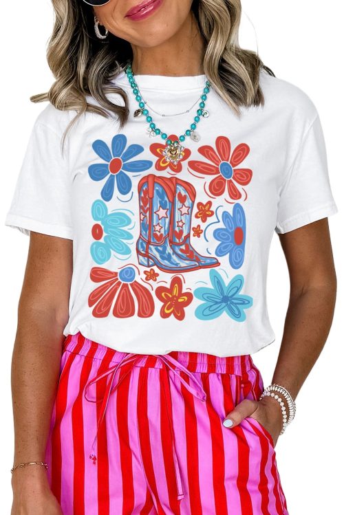 Women's White Floral Cowgirl Boots Graphic Tee - Celebrate Independence Day in Style
