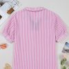 Women's Sachet Pink Striped Print Contrast Split Neck Dolman Sleeve Blouse - Image 6