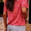 Women's Red Boho Floral Printed Half Sleeve Knotted V Neck Blouse for Trendy Summer Style - Image 3