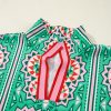 Women's Sea Green Boho Abstract Print Contrast Striped V Neck Blouse - Image 7