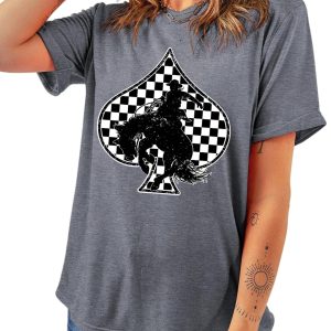 Women's Gray Redeo Check Spades Western Graphic T-Shirt - Trendy Casual Tee