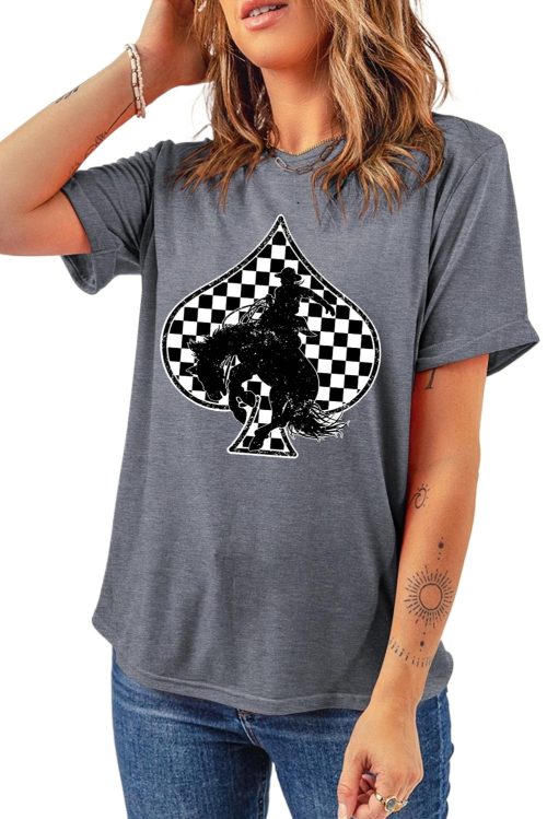 Women's Gray Redeo Check Spades Western Graphic T-Shirt - Trendy Casual Tee