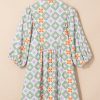 Women's Green Geometric Floral Print 3/4 Sleeve Notched Neck Mini Dress - Image 5