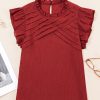 Women's Red Dahlia Solid Color Pleated Detail Ruffle Short Sleeve Blouse - Image 3