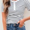 Women's White Stripe Textured Short Sleeve Buttoned Henley Top - Casual Summer Tee - Image 9